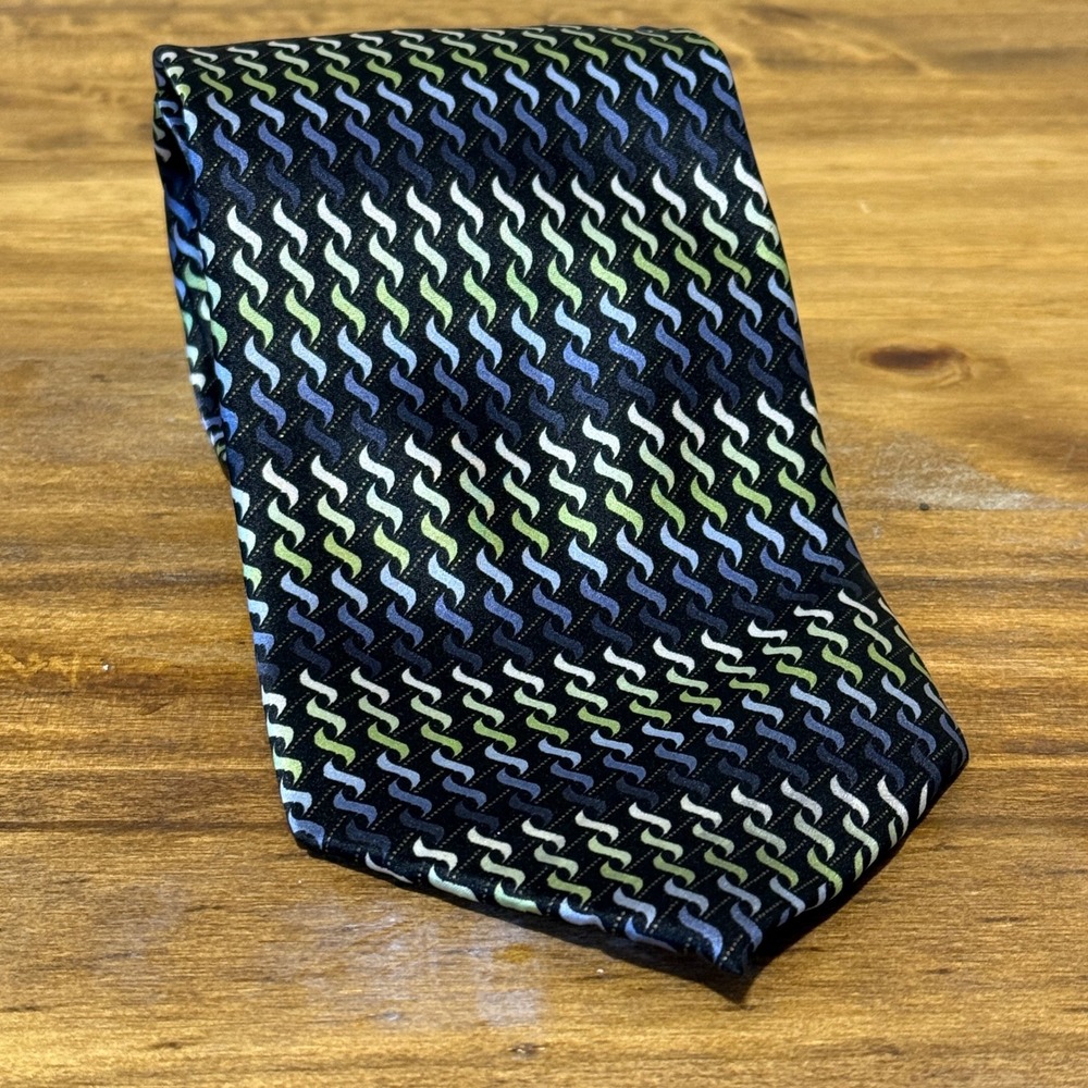 Kilburne and Finch‎ Mens Silk Geometric Pattern Necktie Blue yellow Black